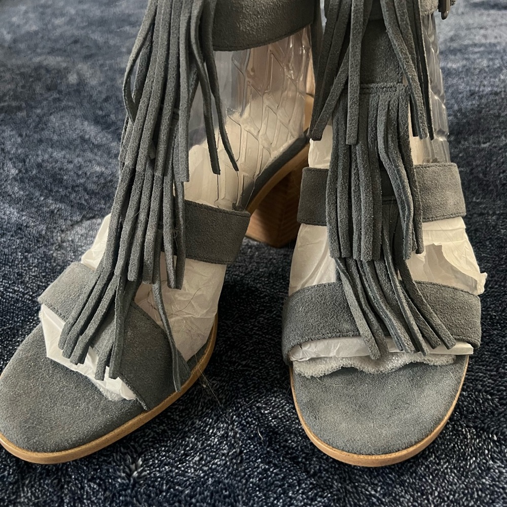 Sole Society Gray Fringe Heeled Sandals